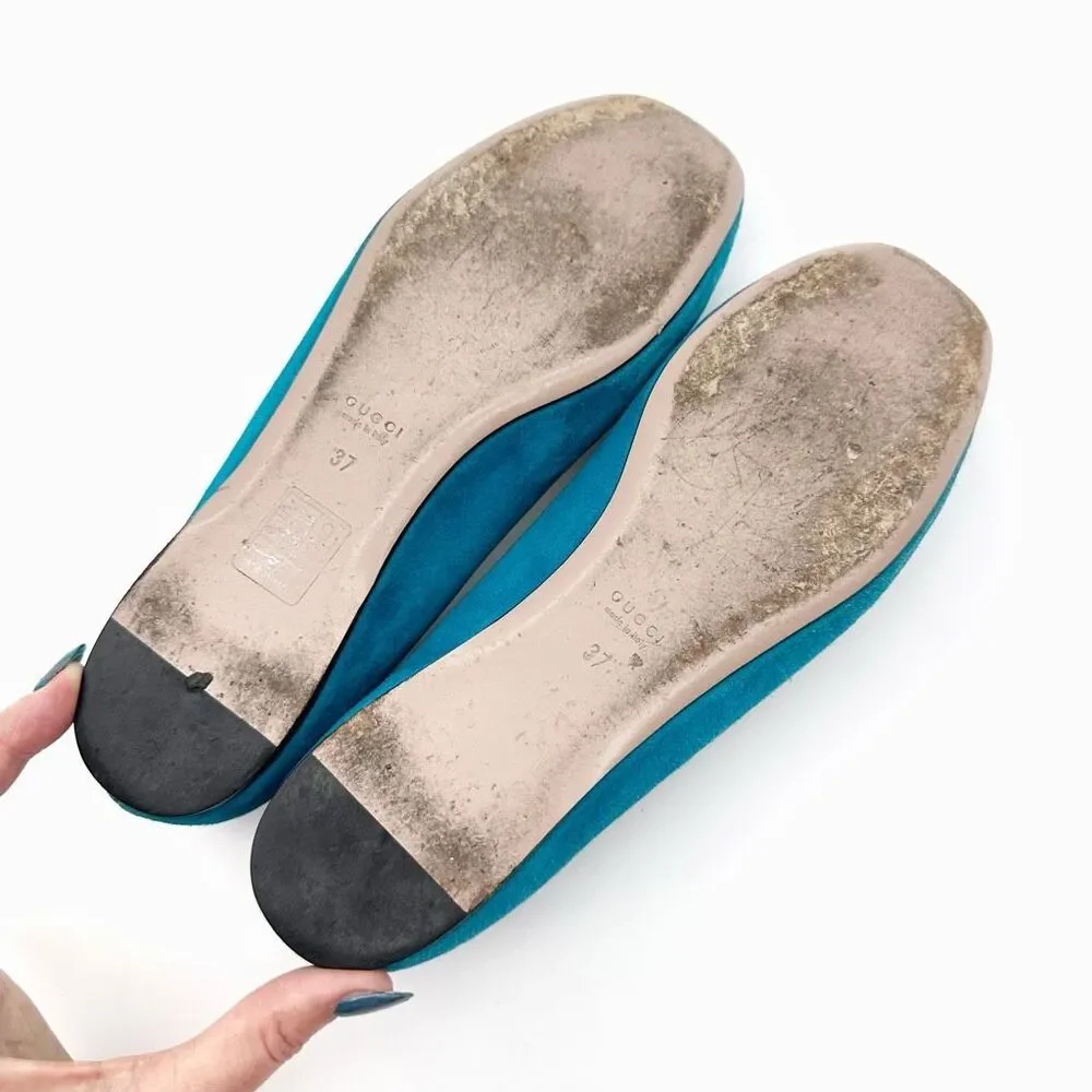 GUCCI Interlocking Crystal GG Ballet Flat Size 37 US 7 Teal Blue Suede